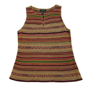 Lauren Ralph Lauren XL Linen Silk Blend Knit Tank Earth Tone Colors Stripes - Picture 1 of 9