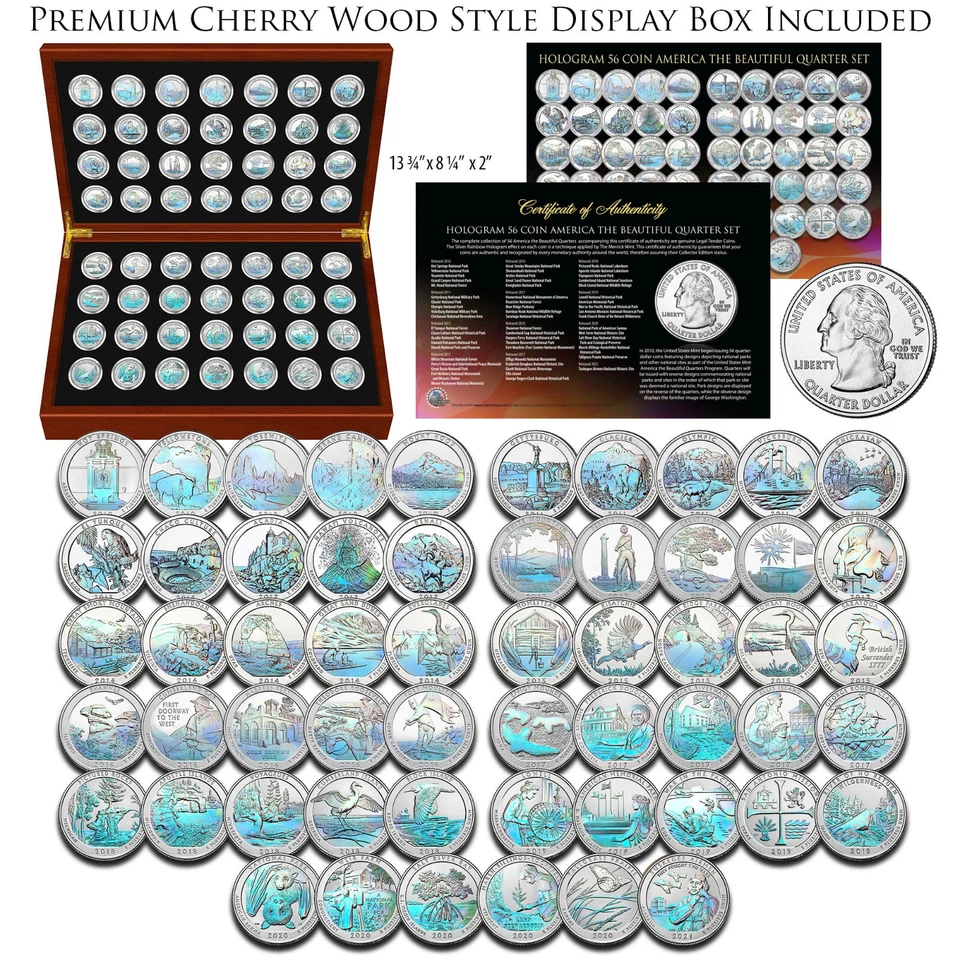 HOLOGRAM America the Beautiful Parks Quarter 56-Coin FULL SET with Wood Box - Image 1 of 3