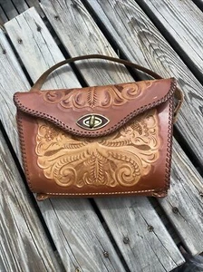 Vintage Mexican Leather REVERSIBLE Hand Tooled Purse Double handle UNIQUE Boho - Picture 1 of 13