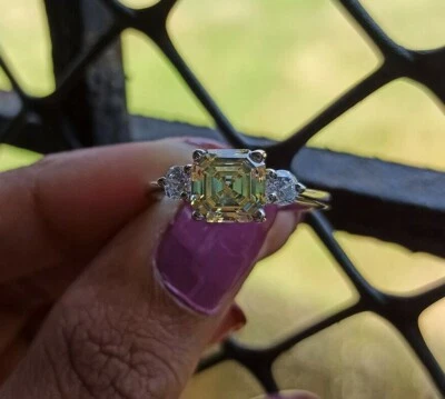 Asscher Yellow Moissanite Three Stone Engagement Ring In 14K White Gold Plated - Image 1 of 4