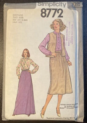 1970s Simplicity Pattern Women's BLOUSE SKIRT VEST 8772 Sz 22½-24½ Cut Complete - Image 1 of 4