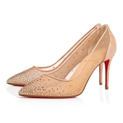 NEW CHRISTIAN LOUBOUTIN Follies Strass Mesh Suede Pumps 85MM 40 Light Silk Beige - Image 1 of 4