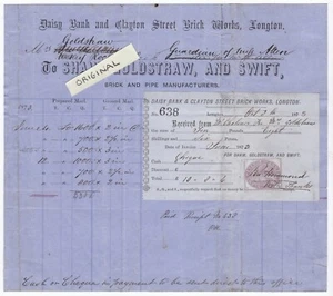 1873 SHAW GOLDSTRAW SWIFT DAISY BANK BRICK WORKS LONGTON STAFFORDSHIRE BILLHEAD - Foto 1 di 1