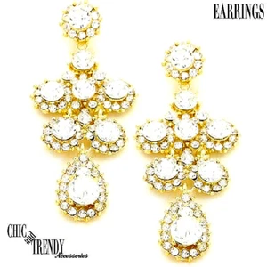 CLEARANCE CLEAR GLASS CRYSTAL EARRINGS IN GOLD WEDDING FORMAL CHUNKY JEWELRY - Picture 1 of 3