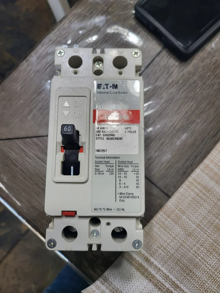 EATON EHD2060 EHD 14K 60A/ 2Poles  480 VAC-250VDC - Image 1 of 4