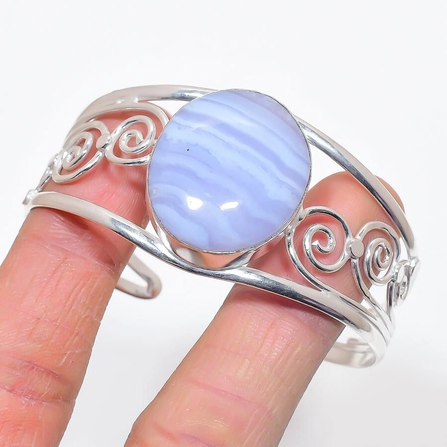 Brazalete ajustable de plata de ley 925 con piedras preciosas de ágata de encaje azul natural Foto 1 de 1