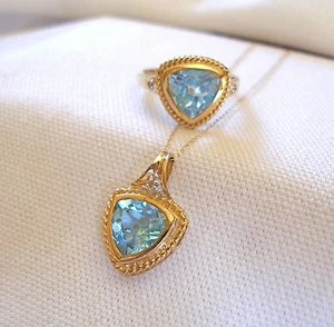 SET- 7.42 Ct. Blue Topaz Solitaire & Diamond  10K Gold Necklace & Ring  - Picture 1 of 8