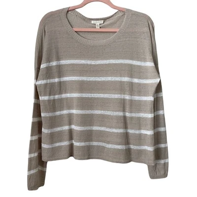 Eileen Fisher Top Feminino Médio Bronzeado Branco Linho Orgânico Listrado Tecido Lagenlook - Imagem 1 de 4