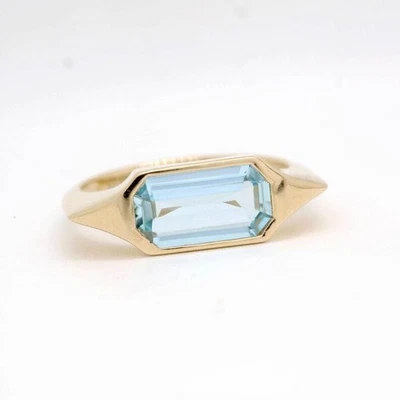 Natürlicher Smaragdschliff Aquamarin Verlobungsring 10k Gelbgold W264 - Bild 1 von 4