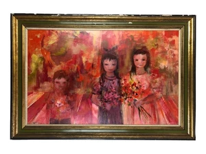 Pintura De Colección Helen Van Buren Mediados de Siglo Tonos Joya Vívidos 3 Niños 40 x 28" - Imagen 1 de 9