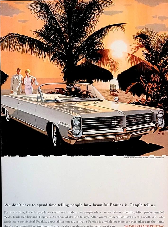 Pontiac Bonneville Convertible Original 1964 Vintage Print Ad Wall Art - Image 1 of 1