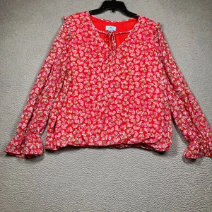 CeCe Top Women's XL Red Floral Hearts Lined V Neck Long Sleeve Ruffles Romantic - Picture 1 of 12