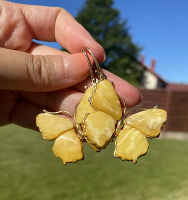 Authentic Yellow Baltic Amber Butterfly 925 Silver Thick 14k Gold Earrings - Image 1 of 4