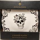 Eaton Fine Dining Halloween Skull Roses Gold Web Set of 4 Dinner Plates Black 