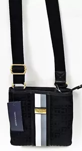 NEW TOMMY HILFIGER BLACK CANVAS+BLACK,WHITE,GRAY STRIPED,GOLD ACCENT CROSSBODY - Picture 1 of 9