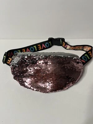 Pink Sequin Fanny Pack Black Handle Love Logo 2 Zipper Compartment  - Изображение 1 из 4