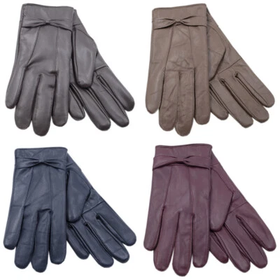 Ladies Leather Gloves Fleece Lined Warm Winter Bow Thermal Women Driving Outdoor - Image 1 of 2