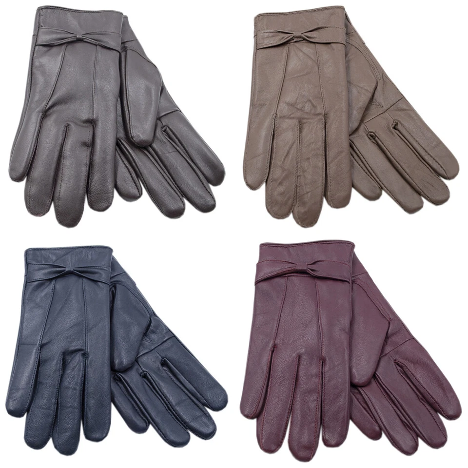 RJM Ladies Leather Gloves Fleece Lined Warm Winter Bow Thermal Women Driving Outdoor