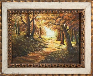 Beautiful Vintage Oil Painting of Autumn Wooded Landscape w/ Forest Path, Signed - Picture 1 of 9