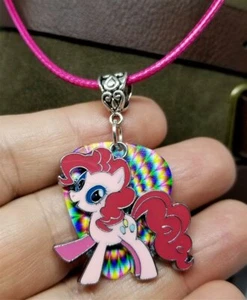 Pink My Little Pony with a Multicolor Guitar Pick on a Rolled Hot Pink Necklace - Picture 1 of 3