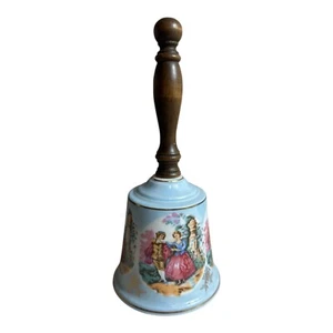 Large Victorian Porcelain Bell With Wood Handle Light Blue Gold Trim - Picture 1 of 8