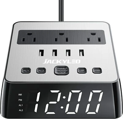 JACKYLED Alarm Clock with USB Charger Power Strip Power Outlets Charging Station