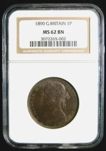 1890 GREAT BRITAIN 1 PENNY NGC MINT STATE 62 BROWN - Picture 1 of 5