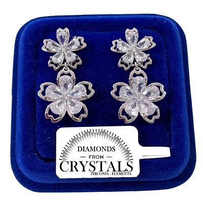 Doppio Fiore Orecchini da Donna pl. oro Bianco 18K con Cristalli Zirconi S74 - Immagine 1 di 3