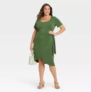 Women's Plus Size Short Sleeve Knit Wrap Dress - Ava & Viv, Green, Size 3X - Picture 1 of 3