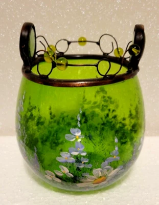 复古绿色玻璃手绘白色和蓝色花朵茶灯/有源 3 — 第 1/4 张图片