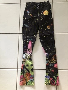 Black Current Mood Pants Sz S Celestial Cosmic Galaxy Alien Front Zip Cotton - Picture 1 of 2