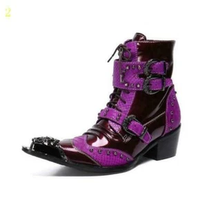 Mens Fashion Punk Metal Decor Pointy Toe Leather Shoes Mid Heels Ankle Boots DS - Picture 1 of 12