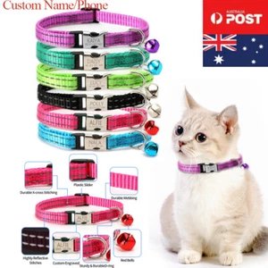 Personalised Cat Collar Custom Name Number Bell Nylon Reflective Puppy Engraved - Picture 1 of 8