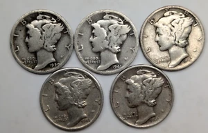 Mercury Silver Dimes 5 Different Dates - Picture 1 of 3