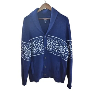 LANDS END Mens Nordic Wool Cardigan Shawl Collar Navy With White Snowflakes Sz L - Picture 1 of 12