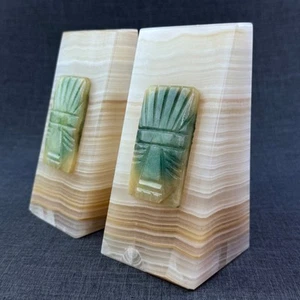 Sujetalibros de piedra de mármol ónix con juego de símbolos de figura de cara azteca maya tallada - LEER - Imagen 1 de 24