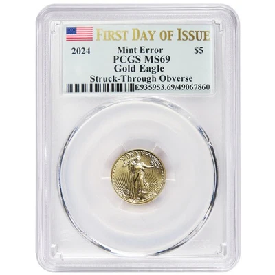 2024 $5 American Gold Eagle 1/10 oz PCGS MS69 FDOI Mint Error Obverse Strike - Image 1 of 3