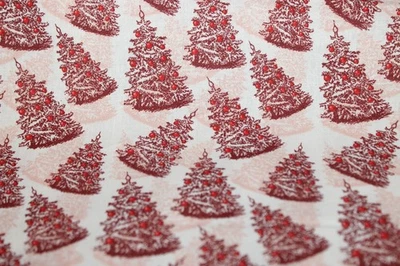 Red Christmas Trees on Cream Cotton Fabric, MDG, Sold BTY - Image 1 of 3