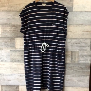 Barbour Navy Blue Striped “Marloes” Drawstring Waist Jersey Dress Size 16 VGC - Picture 1 of 10