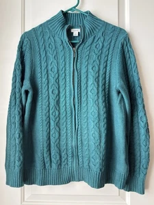 LL Bean Cardigan Womens Zip Cable Knit Chunky Sweater Turquoise Large - Picture 1 of 9