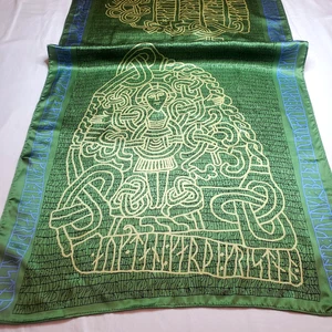 Storytelling Silk Scarf Viking Runes Stone Motifs Scandinavian Jelling 20"x62" - Picture 1 of 4