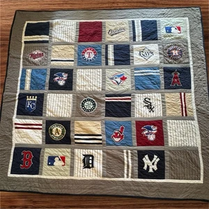 3 Piece Pottery Barn Teen MLB Baseball Patchwork Quilt & Sham Set Patchwork- F/Q - Picture 1 of 9