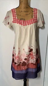 Vertigo Paris 100% Cotton Ivory Floral Shift Dress Lined Short Sleeves Womens M - Picture 1 of 11