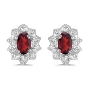 10k White Gold Oval Garnet And Diamond Earrings - Picture 1 of 2