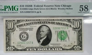 1928-B $10 GDGS FRN Chicago Fr 2002-Gdgs PMG 58 S/N G29967257A Dark Green - Picture 1 of 10