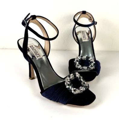 BADGLEY MISCHKA 装饰蓝色天鹅绒高跟鞋 7 1/2 码深蓝色鞋 — 第 1/4 张图片