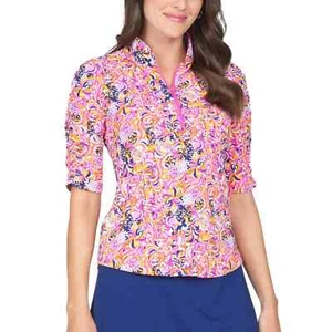 NWT IBKUL MARISSA HOT PINK ORANGE Ruched Elbow Sleeve Mock Golf Top S M L XL XXL - Picture 1 of 1