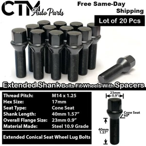 20x BMW Mini Black 14x1.25  Extended Lug Bolt 40mm Shank For 10-15mm Spacer Rim - Picture 1 of 5
