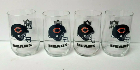 Set of 4 Vintage Chicago Bears NFL Helmet Logo Glasses 14 oz 1980's 4 7/8" High Cover