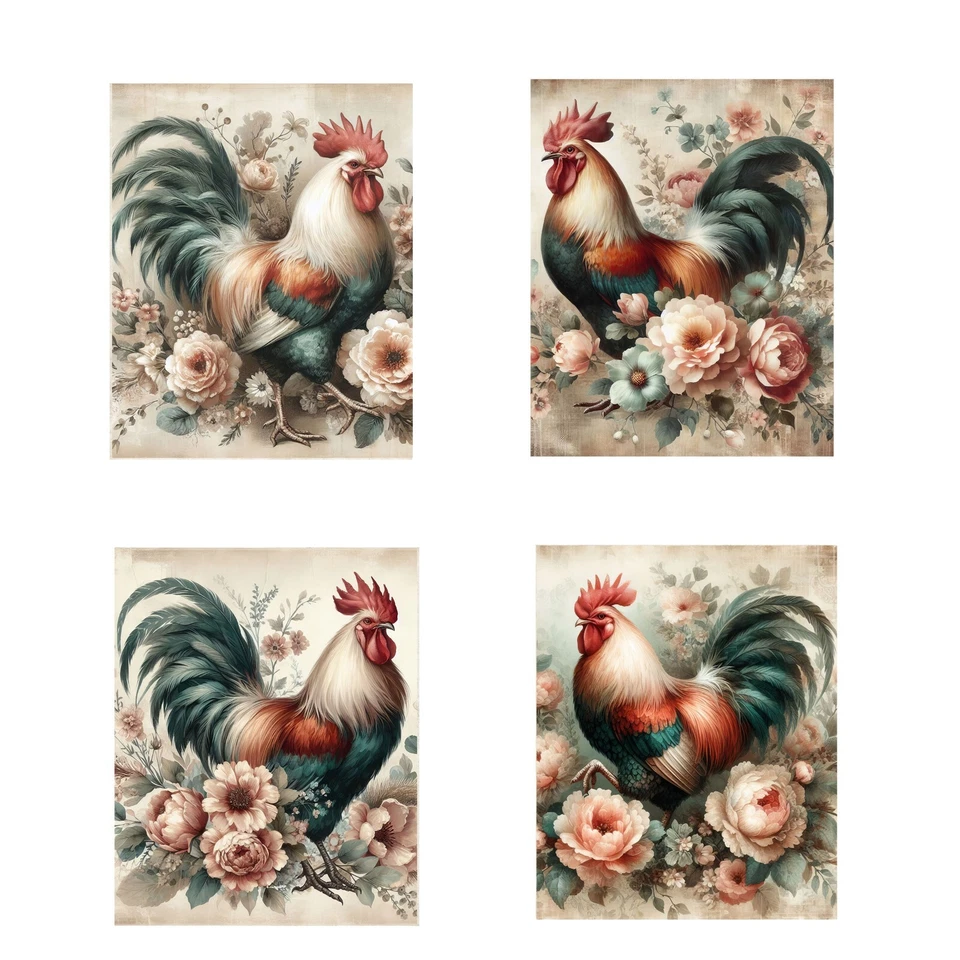 Juego de 4 impresiones en lienzo de arte de pared de gallo floral de 8x10 Foto 1 de 4